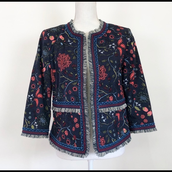 LOFT Navy Strawberries Floral Print Jacket Blazer - Picture 1 of 8